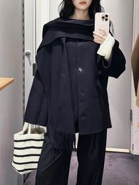 Female Wool Fashion Dark Blue Tassels Coats With Scarf Chic Solid Single Breasted Long Sleeve Jackets 2023 Lady High Street Outerwear