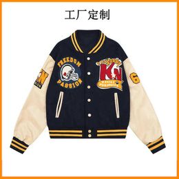 Spliced leather sleeve baseball jacket ins trendy letter embroidered style street trend for men