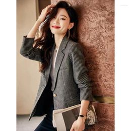 Women's Suits 2023 Autumn Winter Grey Khaki Striped Jacket Fashion Single-Breasted Long Sleeve Blazer Office Lady Casual Coats