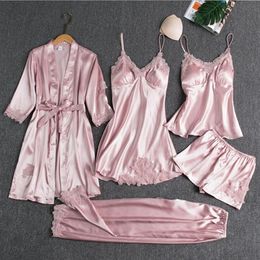Women's Sleepwear 5pcs Kimono Robe Gown Satin Pyjama Set Women Pour Femme Lace Trim Intimate Lingerie Loungewear V-neck Bathr309G