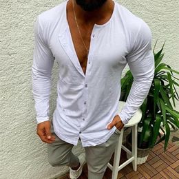 Mens Casual Fashion Slim Fit Button V Neck Long Sleeve Muscle Basic Tee Solid Colour T-shirt Casual Tops224I