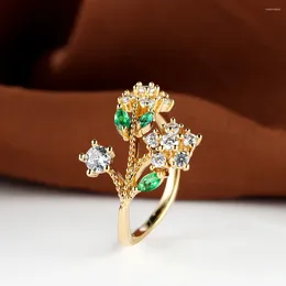 Cluster Rings Delicate Plant Leaf Flower For Women Gold Colour Green White Zircon Stacking Wedding Bands Ins Thin Ring Party Jewellery