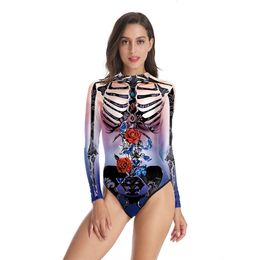 Flowers Skeleton Print Women One-piece Swimsuit Summer Casual Long Sleeve Beachwear Bathing Suit Sexy Tight Swimwear