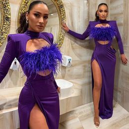 Evening Dresses Purple Prom Party Gown Mermaid Plus Size New Custom Zipper Lace Up High Neck Long Sleeve Feather Velvet Thigh-High Slits