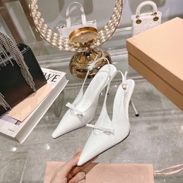 Bow-embellished 90MM slingback pumps calf Patent leather sandals Stiletto high heels pointed toe women's Luxury Designer Evening Party shoes factory footwear