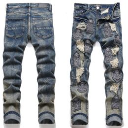 New Designer Mens Miris Jeans Distressed Denim Pants Skinny fit Slim stretch Men's Ripped Holes Jean Washed Embroidery size 29-38 Trouser Patchwork Jeans