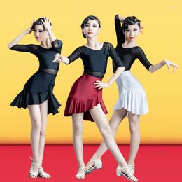 Stage Wear Children Latin Dance Dress Girls Short Sleeve Mesh Skirt Suit Split Competition Performance Training