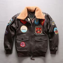 Men's Leather Faux Bomber G1 Pilot Jacket Plus Size Real Fur Collar Cowhide Biker Coat For Men Flight Jackets Winter 231020