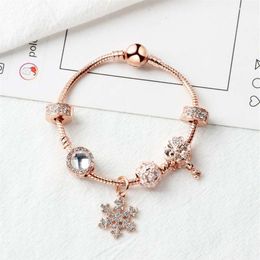 New Rose gold loose beads snowflake pendant bangle charm bead bracelet for girl DIY Jewellery as Christmas gift297k