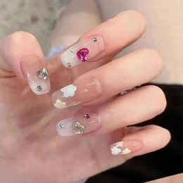 False Nails 24pcs French Detachable Flower Pattern Full Cover Long Ballerina Love Diamond Fake