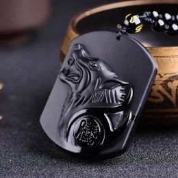 Natural Black Obsidian Wolf Necklace Carving Wolf Head Amulet Pendant with Chain Obsidian Blessing Lucky Pendants Jewelry