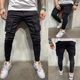 Men Black Biker Cargo Jeans Multi Pocket Slim Fit Joggers Trousers Male Ripped Hole Motorcycle Streetwear Denim Pencil Pants199G