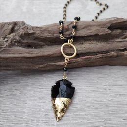 Pendant Necklaces FUWO 1 Pcs Natural Obsidian Arrow Neckace Golden Plated Half Wrap Craft With Black Beads Winding Chain Jewelry For Woman