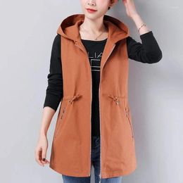 Women's Vests Mid Length Casual Hooded Vest Women Slim Waist Sleeveless Jacket Mother Lace Up Korean Chalecos Spring Waistcoat Clothing N8