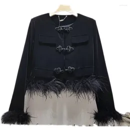 Women's Jackets Velvet Patchwork Feather Chinese Style Women Autumn Long Sleeve Short Jacket