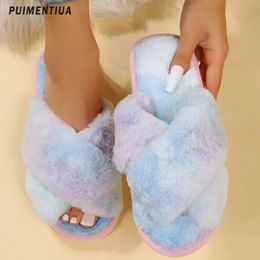 Slipper Winter House Furry 2023 Cross Design Fluffy Fur Home Slides Flat Indoor Floor Shoes Ladies Flip Flops 231019