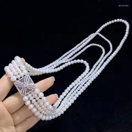 Chains Handmade4strands White Freshwater Pearl Necklace Micro Inlay Zircon Accessories Button Sweater Long 48-75cm