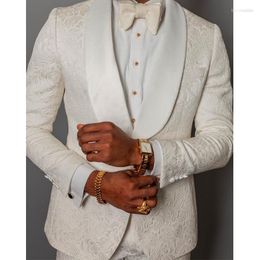 Men's Suits Men's Ivory Floral Jacquard Wedding Tuxedo For Groomsmen 2 Piece Slim Fit Men With Shawl Lapel African Male Fashion Costume