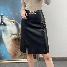 Skirts Leather Skirt Spring Autumn Women's Candy Colour Real High Waist Slit Slimming Sheepskin Knee Length