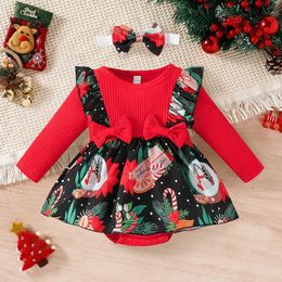 Girl's Dresses 2023 Christmas Dress Baby Bodysuits Crawl Suit Clothes With Hairband Bow Print Long Sleeve Autumn Toddler Party Clothing 231019