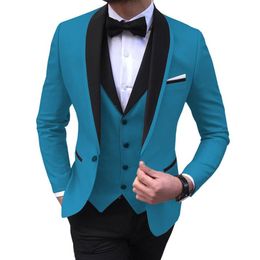 Teal Slit Mens Suits 3 Piece Black Shawl Lapel Casual Tuxedos for Wedding Groomsmen Suits Men Blazer Vest Pant 201012236y