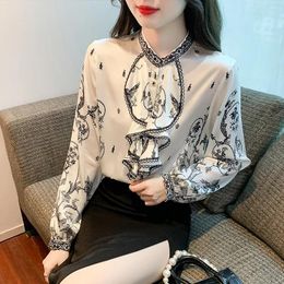 Women's Blouses Satin Casual Shirts FASHION Printed Loose O-necks Ruffle Clothing Spring/Summer Long Sleeves Silk Tops