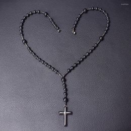 Pendant Necklaces 5-decade Rosary Necklace Natural Black Onyx With Hematite Cross Catholic Rosaries Jewelry Drop