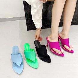 Slippers Clip Toe Women Summer Outside Slides Thin High Heels Blue Green Black ROse Flip Flops Size 35-41 Pumps Shoes Woman