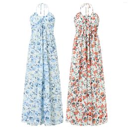 Casual Dresses Puloru Boho Summer Floral Print Tie-up Halterneck Tube Long Dress Women's Sleeveless Backless Ruched Bandeau A-Line