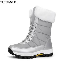 Boots TUINANLE Women Platform Boots Winter Plush Warm Shoes Fashion Female Mid-Calf Snow Boots Non-slip Gray Flat Shoes Bota Feminina 231019