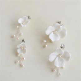 White Ceramic Flower Earrings Wedding Bridal Jewellery Set Freshwater Pearls Flowers Floral Earring Fashion Charm Dropping Long Drop329J