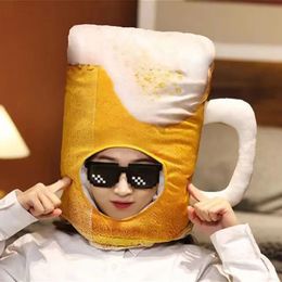 Party Hats Creative Japanese Funny Cup Yellow Beer Plush Hat Toy Cartoon Full Headgear Cap Cosplay Costume Party Po Props 231020