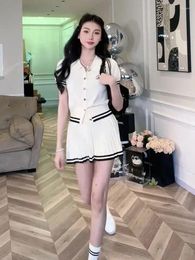 Work Dresses College Style Suit Women 2023 Summer Knitted Polo Shirt Short-sleeved Top High-waisted Pleated Skirt Two-piece Set