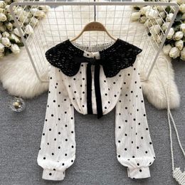 Women's Blouses Contrast Shirt Cloth Goods French Retro Polka Dot Doll Collar Clothing Autumn Design Sense