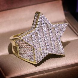 Big Bling Zircon Stone Gold Hip Hop Star Pentagram Ring for Women Man Fashion Jewellery 2020 New Wedding Engagement Ring286B