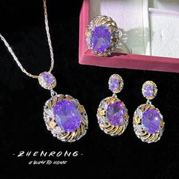 Necklace Earrings Set Vintage High Quality Oval Purple Stone For Women Luxury Mediaeval Two-color Pendant Necklaces Rings