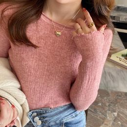 Women's Sweaters 2023 Ruched Pullover Bottom Sweater For Women Casual Simple Knitted Autumn Winter O Neck Tops Long Sleeve Jumper 29292