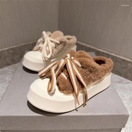 Slippers European Station Lamb Plush Shoes With Small Design Sense Lace Up Half Thick Sole Baotou Cotton Tray Casual Women