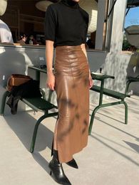 Skirts S-XL PU Leather Skirt Women's Autumn And Winter Korean Version Of Fashion Bag Hip High Waist Long Side Slit One-Step