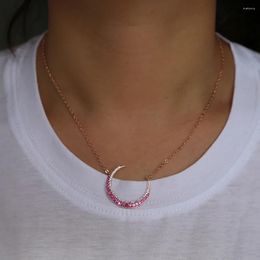 Chains Gorgeous Rose Colour CZ Moon Necklace For Women Pink And White Sparkling Bling Crescent Pendant