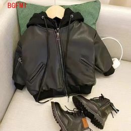 Coat Winter Infant Toddler Kids Fashion Baby Girl Boy PU Leather Jacket Hooded Leather Coat Fashion Chaqueta Thick Clothes 17 Years 231019