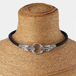 Genuine Leather Choker Necklace Dragon Collar Choker With Black Braided Leather 13 -17 3376