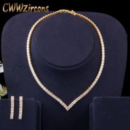 Earrings & Necklace Very Shiny Cubic Zirconia Pave Yellow Gold Color Women Party Choker And Earring Brides Jewelry Set T4212047