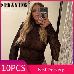 Women's T Shirts 10 Pcs Tops Fall 2023 Long Sleeve Printing Mesh See Through T-shirt Sexy Y2k Bulk Items Wholesale Lots Women Clothing