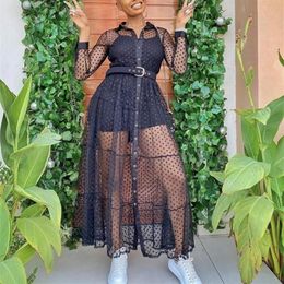 Women Long Mesh Shirt Dress Polka Dot See Through Black Transparent Tulle African Fashion Spring Female Robes Tunic Plus Size XL C264x