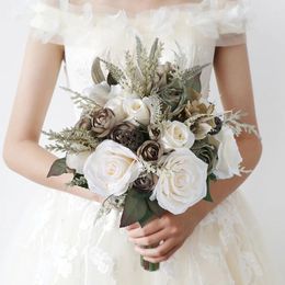 Wedding Flowers Khaki Bride Bouquet Bridesmaid Hand Tied Artificial Decor Home Holiday Party Supplier Floral European Rose Gifts