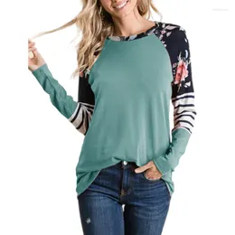 Women's T Shirts Floral Print Color Block Striped Tunic Top Crewneck Long Sleeve Raglan Blouse Loose Fit Shirt Tees