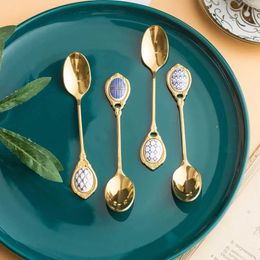 Coffee Scoops Stainless Steel Spoons Inlay Ceramic Coffee Ladles Vintage Gold Plating Dessert Spoon High-class Cake Scoops Christmas Gift 1set 231018