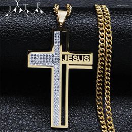 Pendant Necklaces Jesus Cross Crystal Religious Necklace Hip Hop Hollow Gold Colour Stainless Steel Crucifix Jewellery Collier Croix N4938S