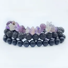 Strand 3 Pcs Natural Stone Bead Bracelet Men's Volcanic 8MM Amethyst Elastic Rope Agate Jewellery